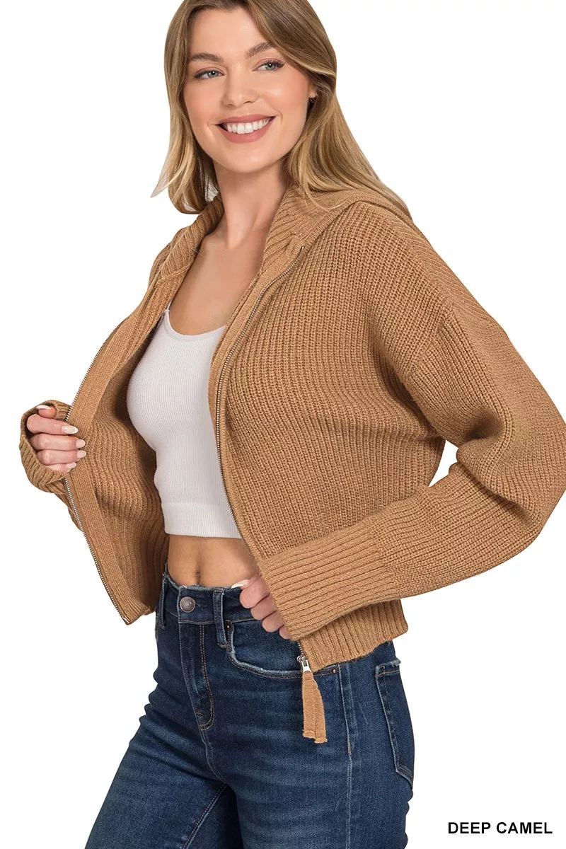 Ribbed Collared Zip Up Sweater Cardigan, image 3