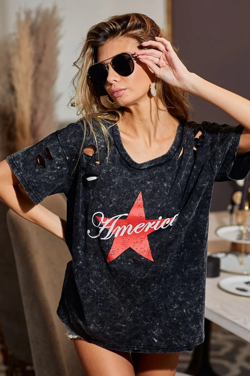 Laser Cut Mineral Washed Jersey Top with America, image 4