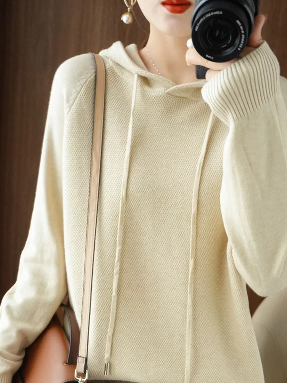 Drawstring Long Sleeve Hooded Knit Sweater, image 2