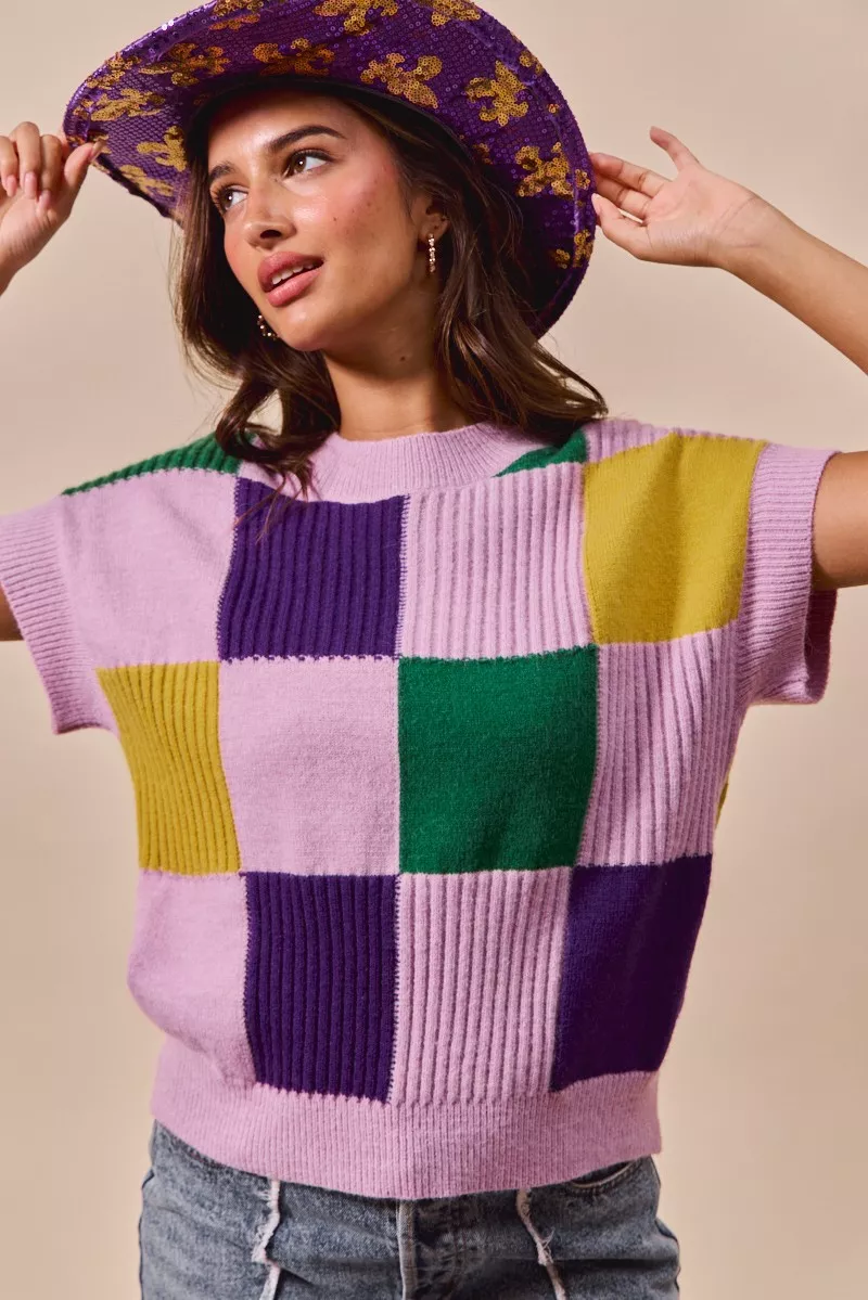 Mardi Gras Check Plaid Casual Sweater Top, image 2
