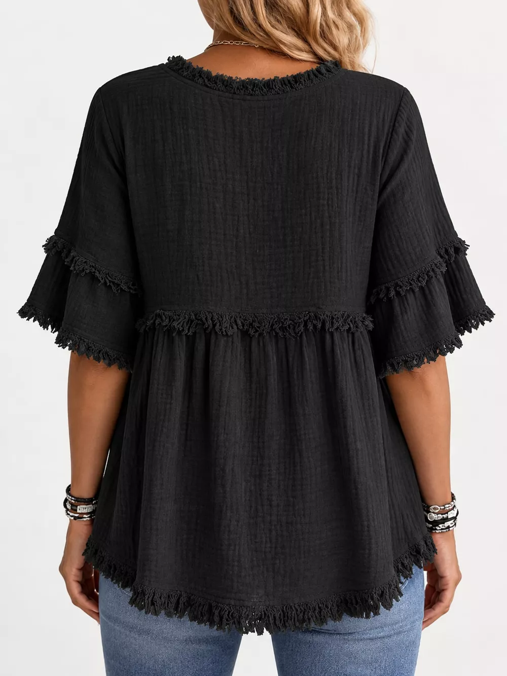 Full Size Frayed Edge Textured Blouse Plus Size, image 15