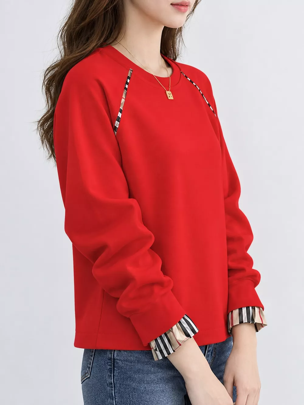 Plaid-Trimmed Crew Neck Sweatshirt, image 6