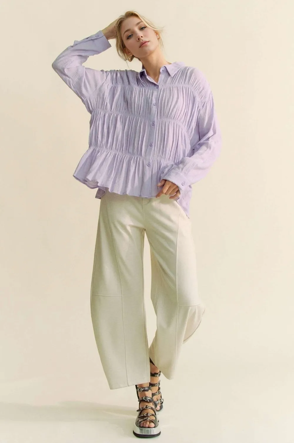 Ruched All Over Button Front Shirt, image 3