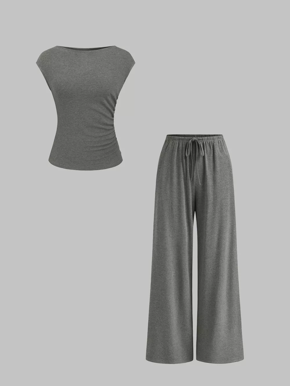 Casual Solid Color Top and Wide Leg Pants Set, image 2