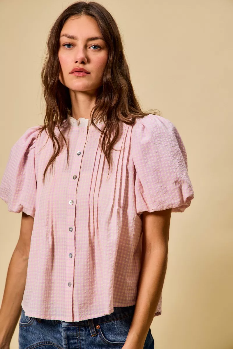 Gingham Lace Trim Button Bubble Sleeves Blouse, image 17