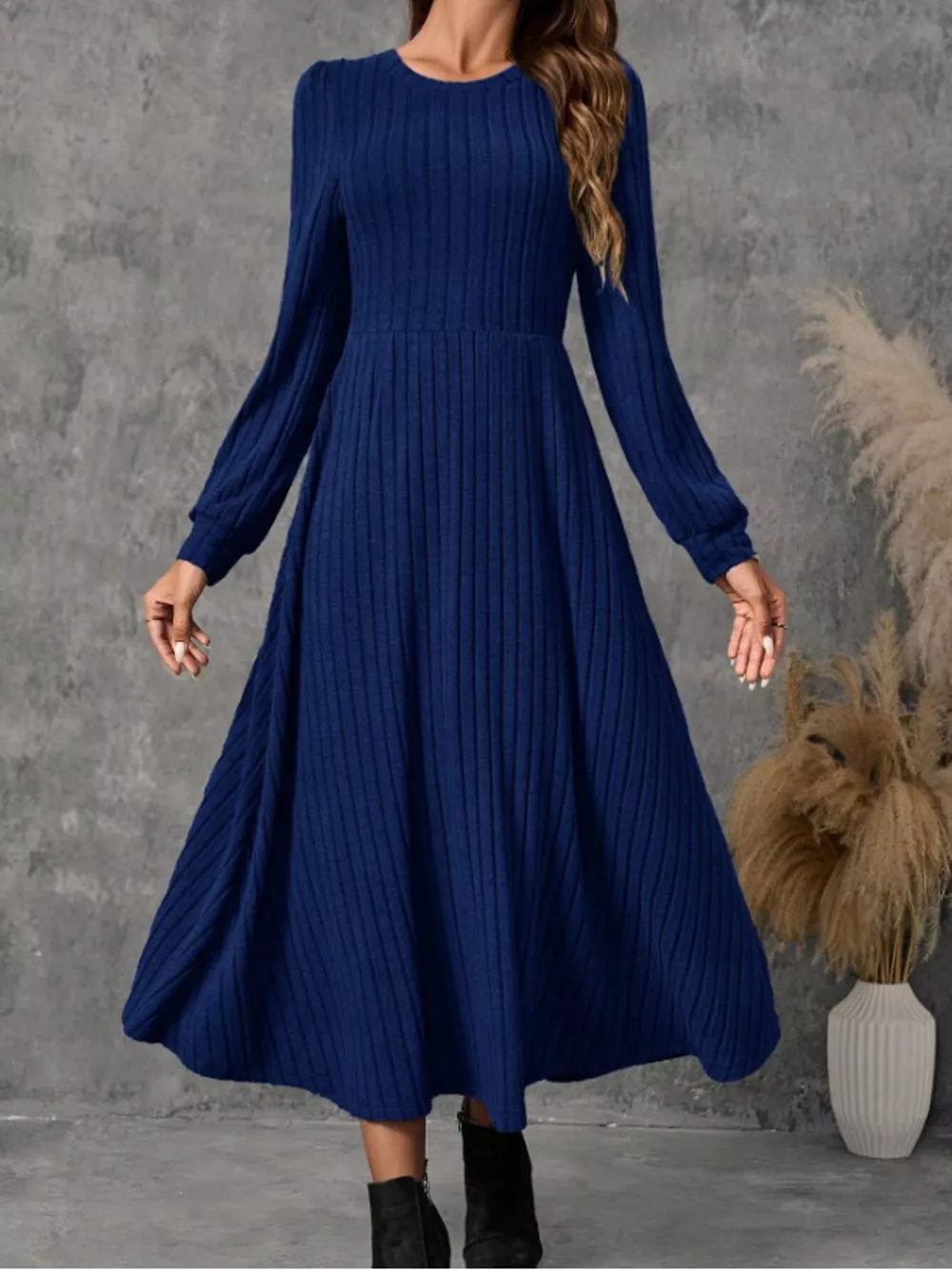 Ribbed Knit Long Sleeve A-Line Midi Dress, image 16