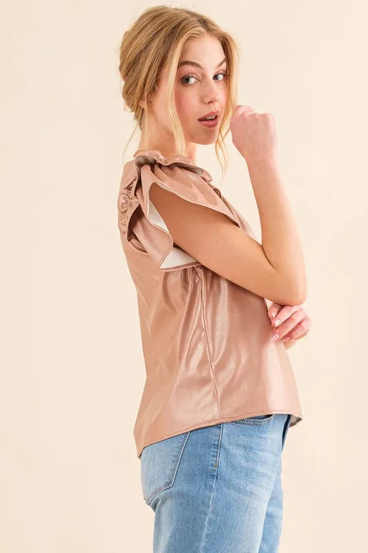 Faux Leather Ruffle Sleeves V Neck Top, image 7