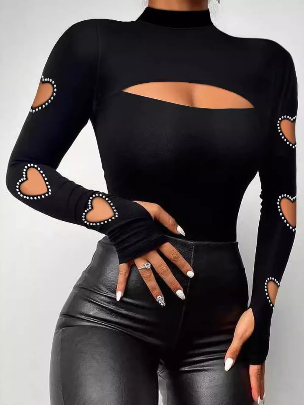 Rhinestone Heart Cut-Out Long Sleeve Mock Neck T-Shirt