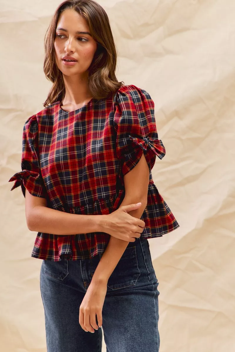 Christmas Holiday Plaid Ribbon Short Sleeves Top, image 4