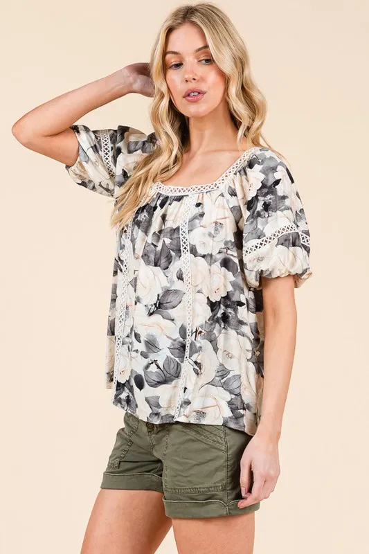 Floral Print Lace Trim Puff Sleeve Blouse, image 7
