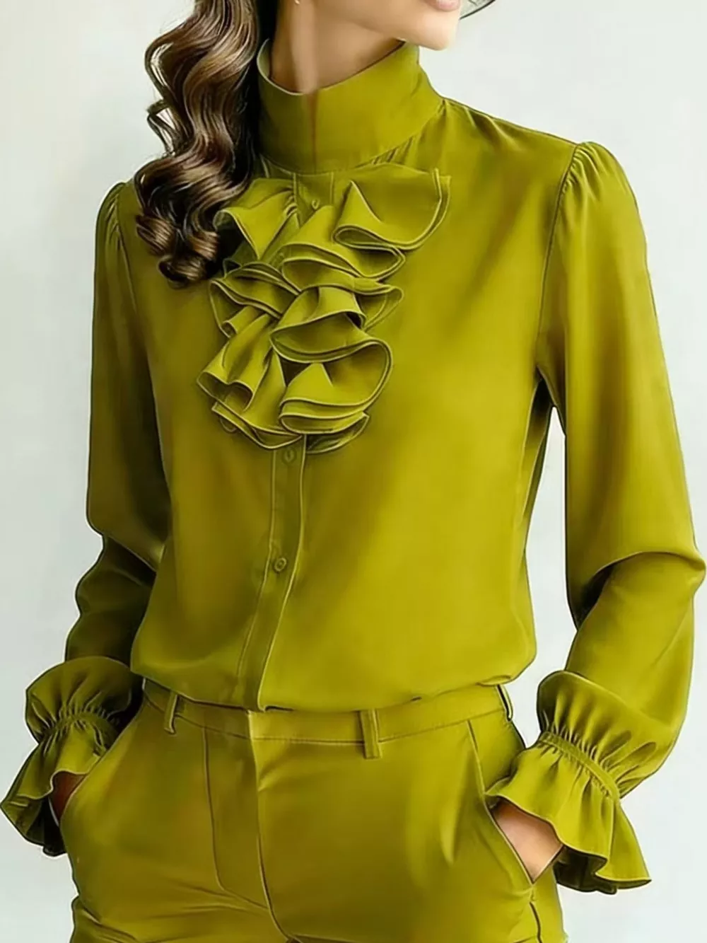 Ruffled Stand-Collar Blouse with Long Lantern Sleeves, image 8