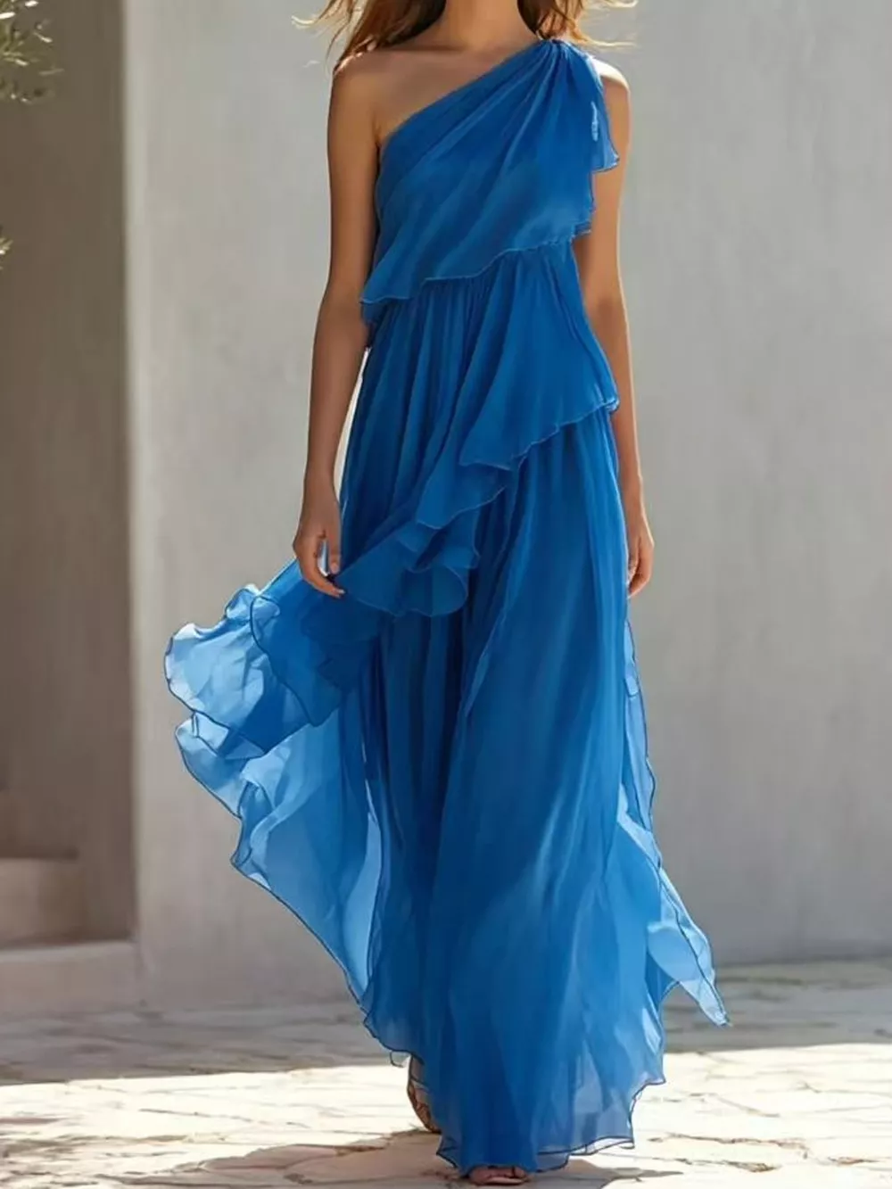 One-Shoulder Ruffled Chiffon Maxi Dress, image 16