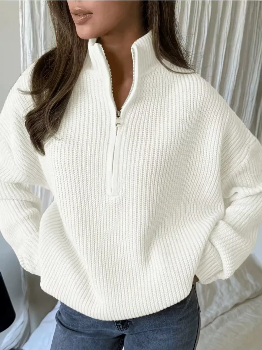 Full Size Half Zip Dropped Shoulder Sweater Plus Size, image 17