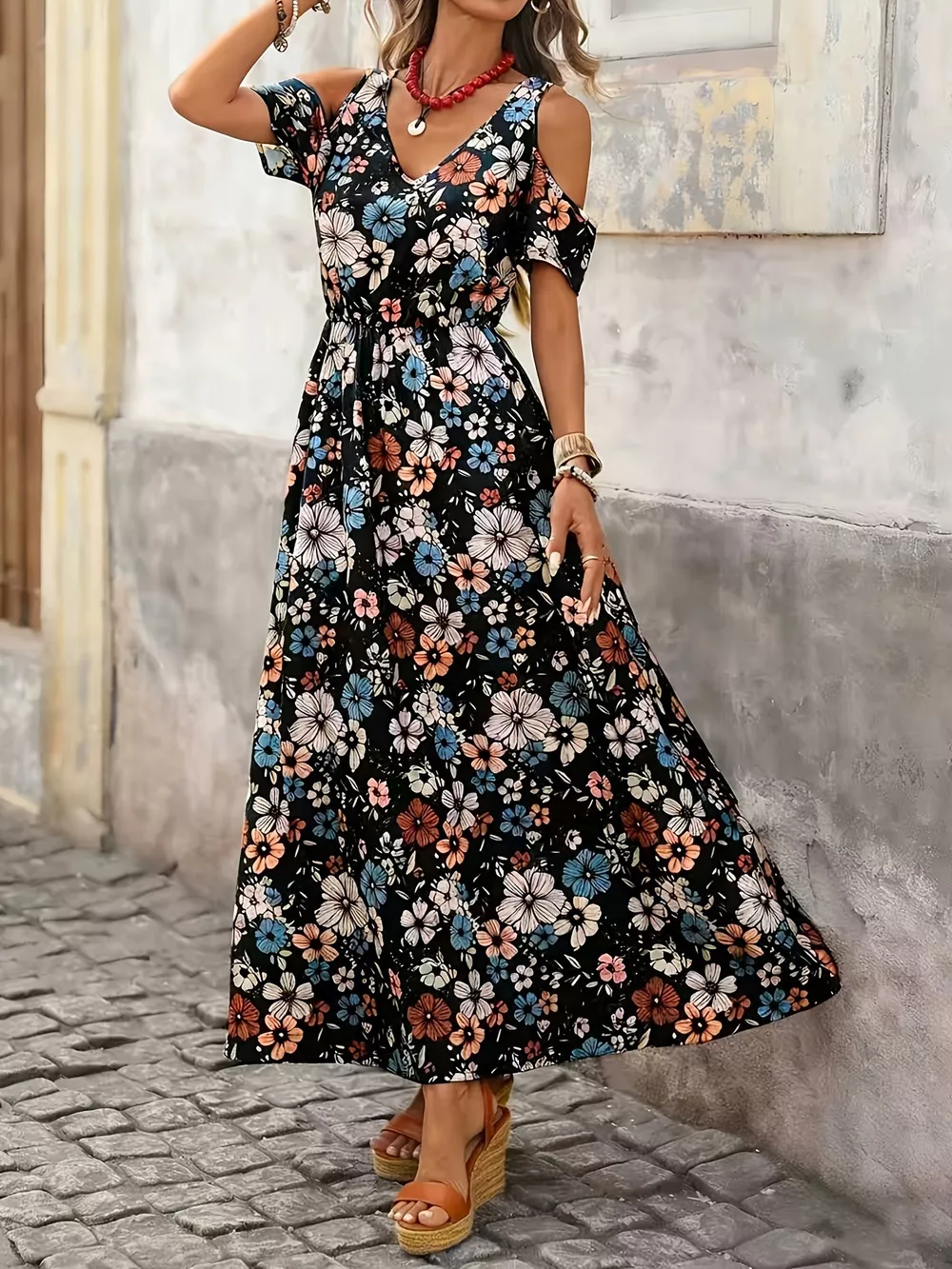 Cold Shoulder Floral Print Maxi Dress, image 4