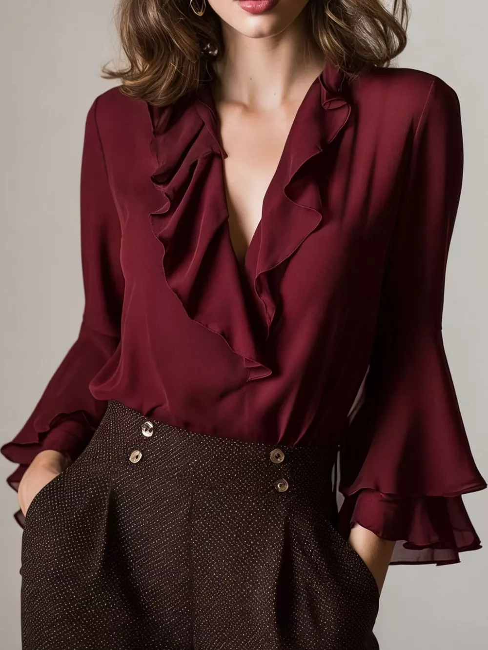 Ruffle-Trim V-Neck Blouse with Bell Sleeves, image 14