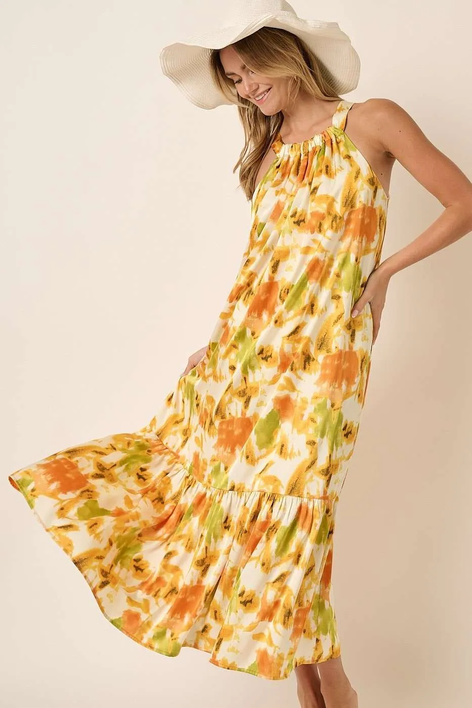 Watercolor Print Halter Neck Satin Maxi Dress, image 3