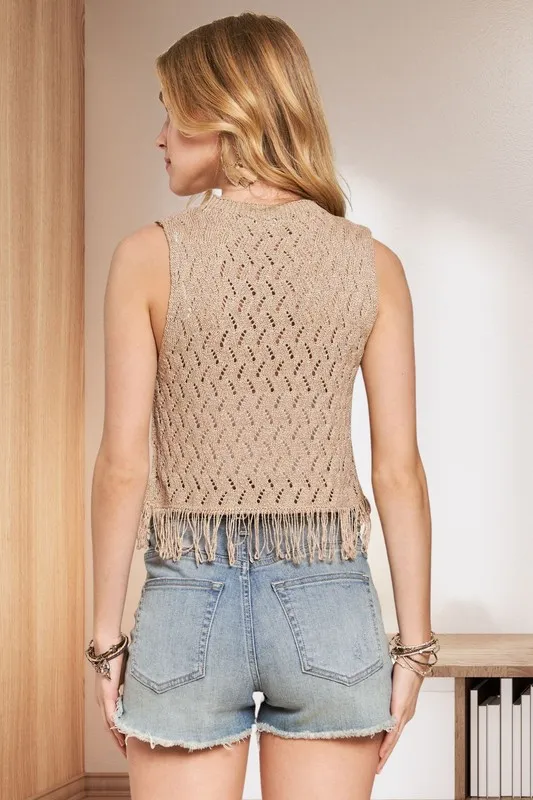 Fringe Hem Lurex Crochet Vest Top, image 4