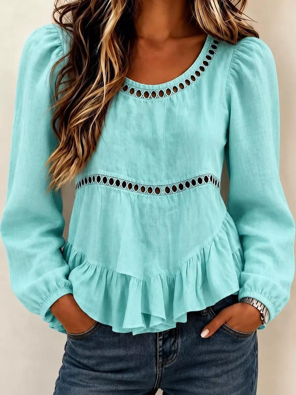 Long Sleeve Blouse with Eyelet Lace Trim and Ruffled Hem, image 5