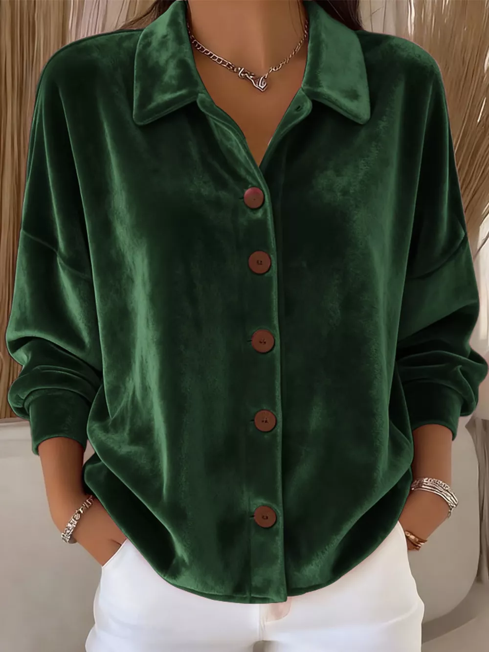 Full Size Velvet Button-Down Long Sleeve Shirt Plus Size, image 9