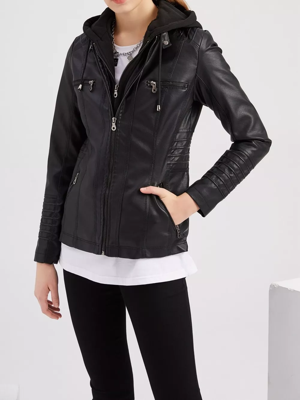 Full Size Detachable Hooded Faux Leather Moto Jacket Plus Size, image 2