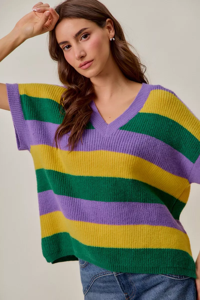 Mardi Gras Loose Fit V Neck Stripe Sweater Top, image 3