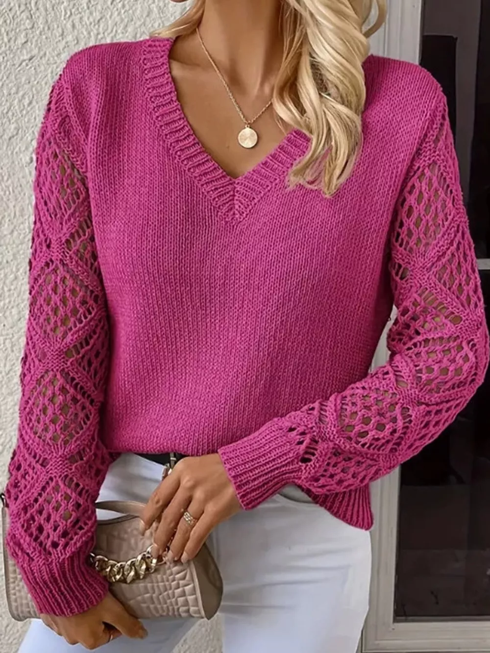 Full Size V-Neck Hollow-Out Long Sleeve Sweater Plus Size, image 14