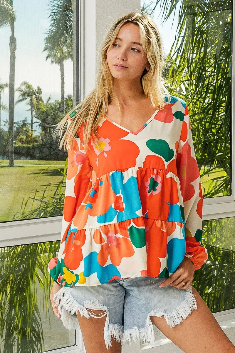 Floral Woven Tiered V Neck Top, image 8