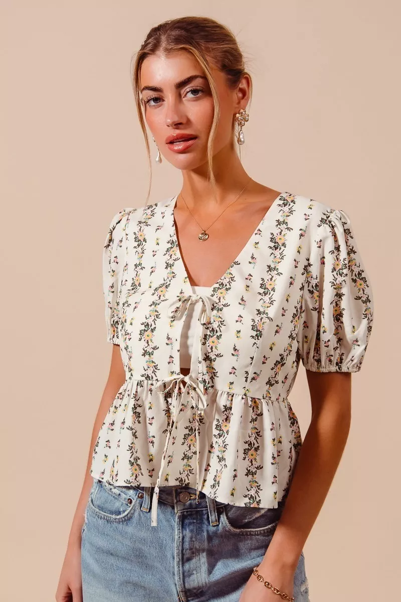Floral Print Tie Front Shirred Hem Blouse, image 3