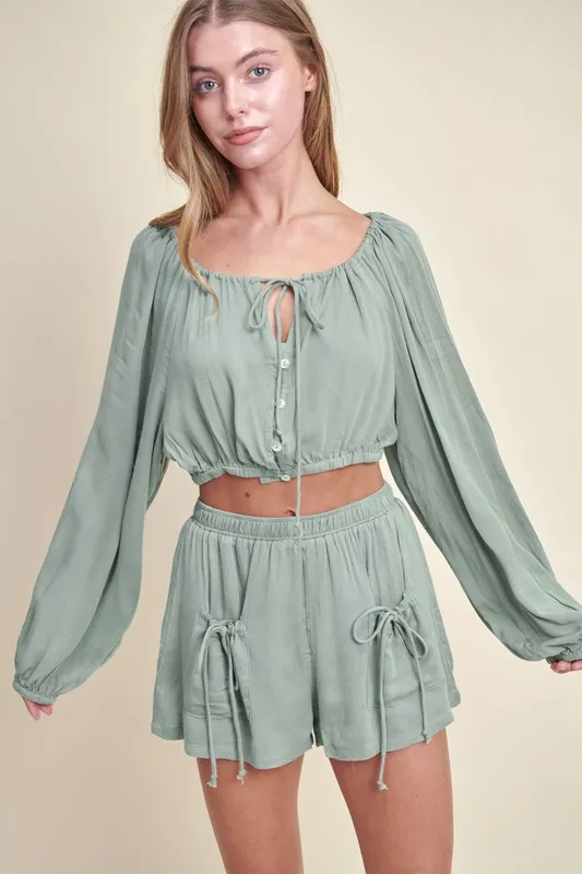 Gauze Long Sleeve Button Crop Top and Short Set, image 4