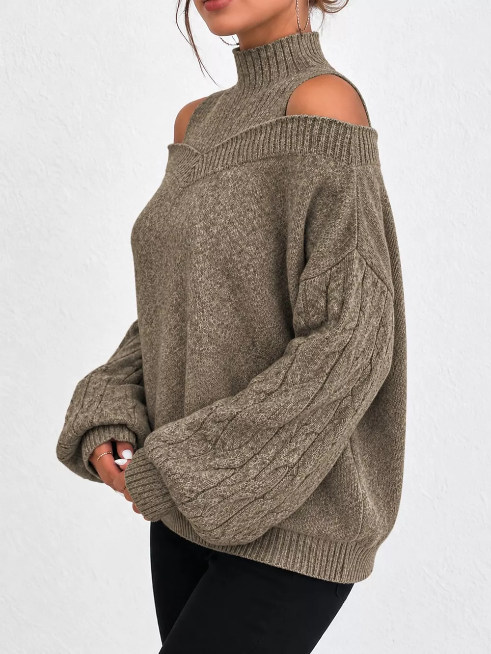 Full Size Cold Shoulder Mock Neck Cable Knit Sweater Plus Size, image 7