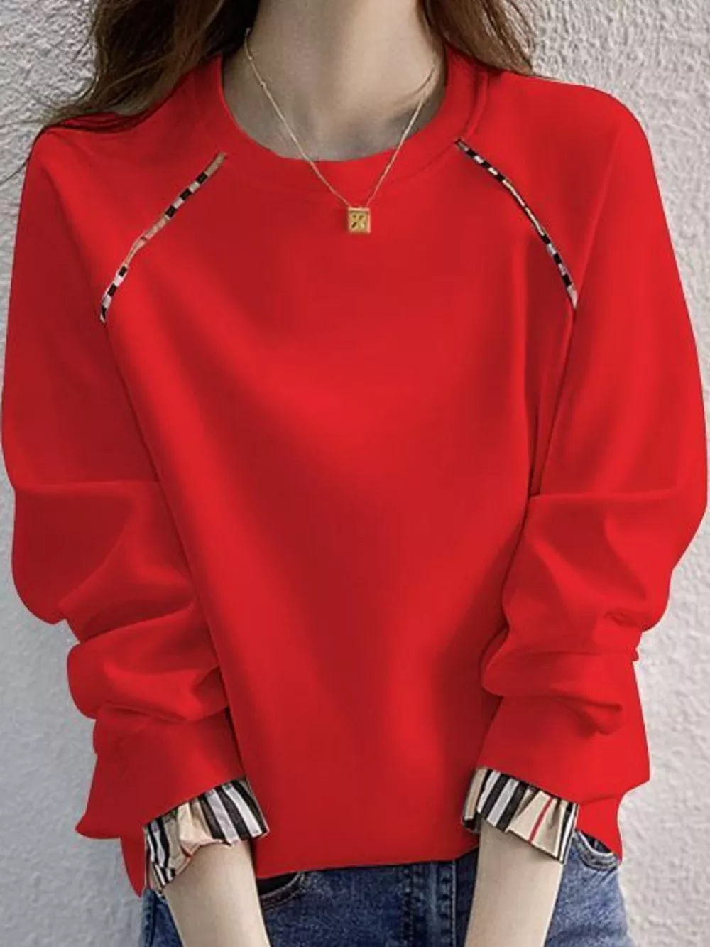 Plaid-Trimmed Crew Neck Sweatshirt, image 5