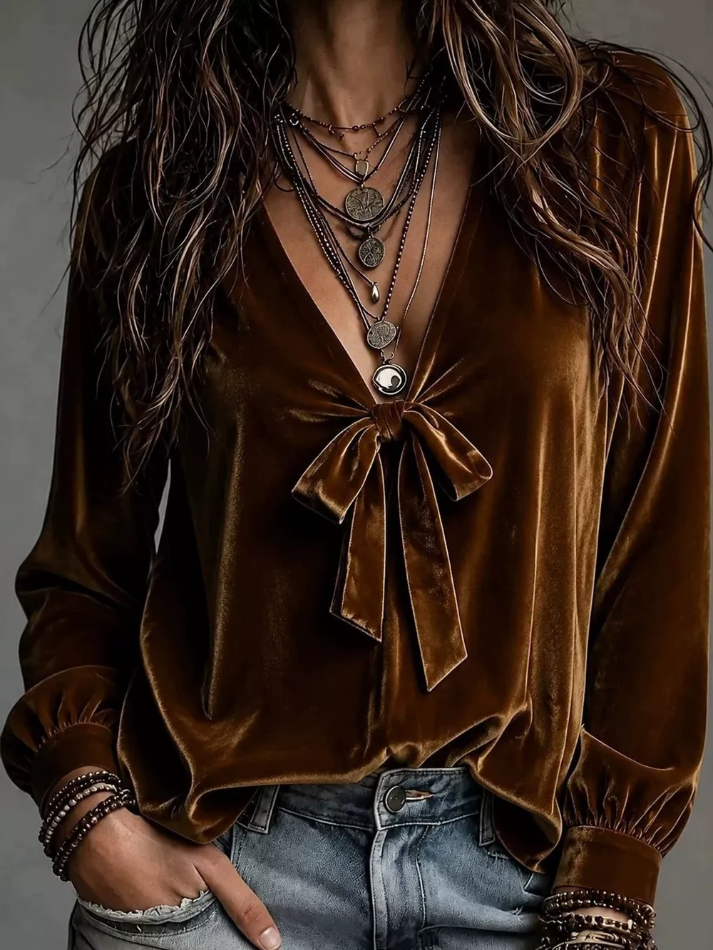Front Bow Tie Detail V-Neck Top, image 3