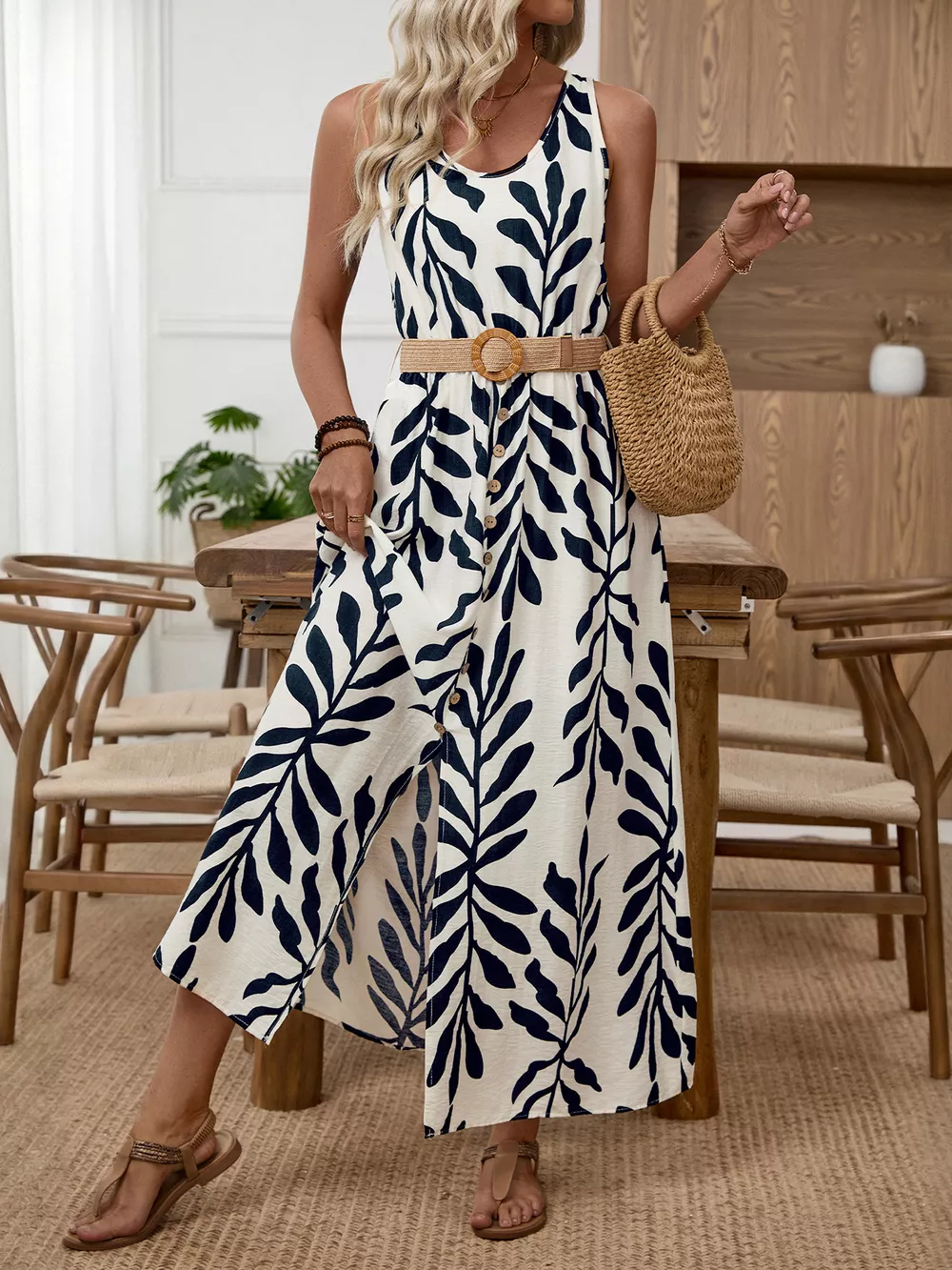 Leaf Print Sleeveless Slit Dress, image 5