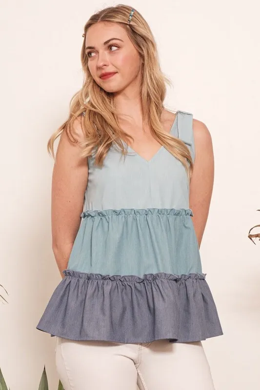 Full Size Color Block V-Neck Baby Doll Sleeveless Top Plus Size, image 4