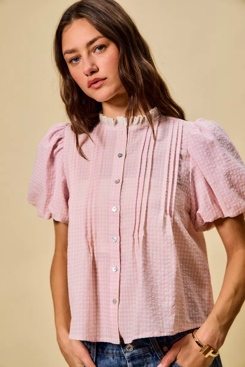 Gingham Lace Trim Button Bubble Sleeves Blouse, image 7