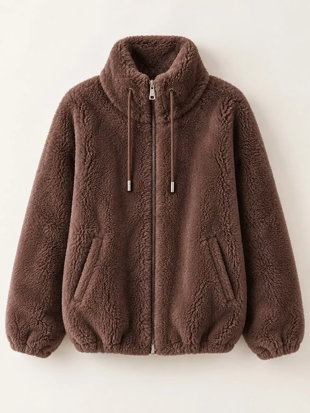 Full Size Drawstring Faux Fur Stand-Collar Zip-Up Outerwear Plus Size, image 11