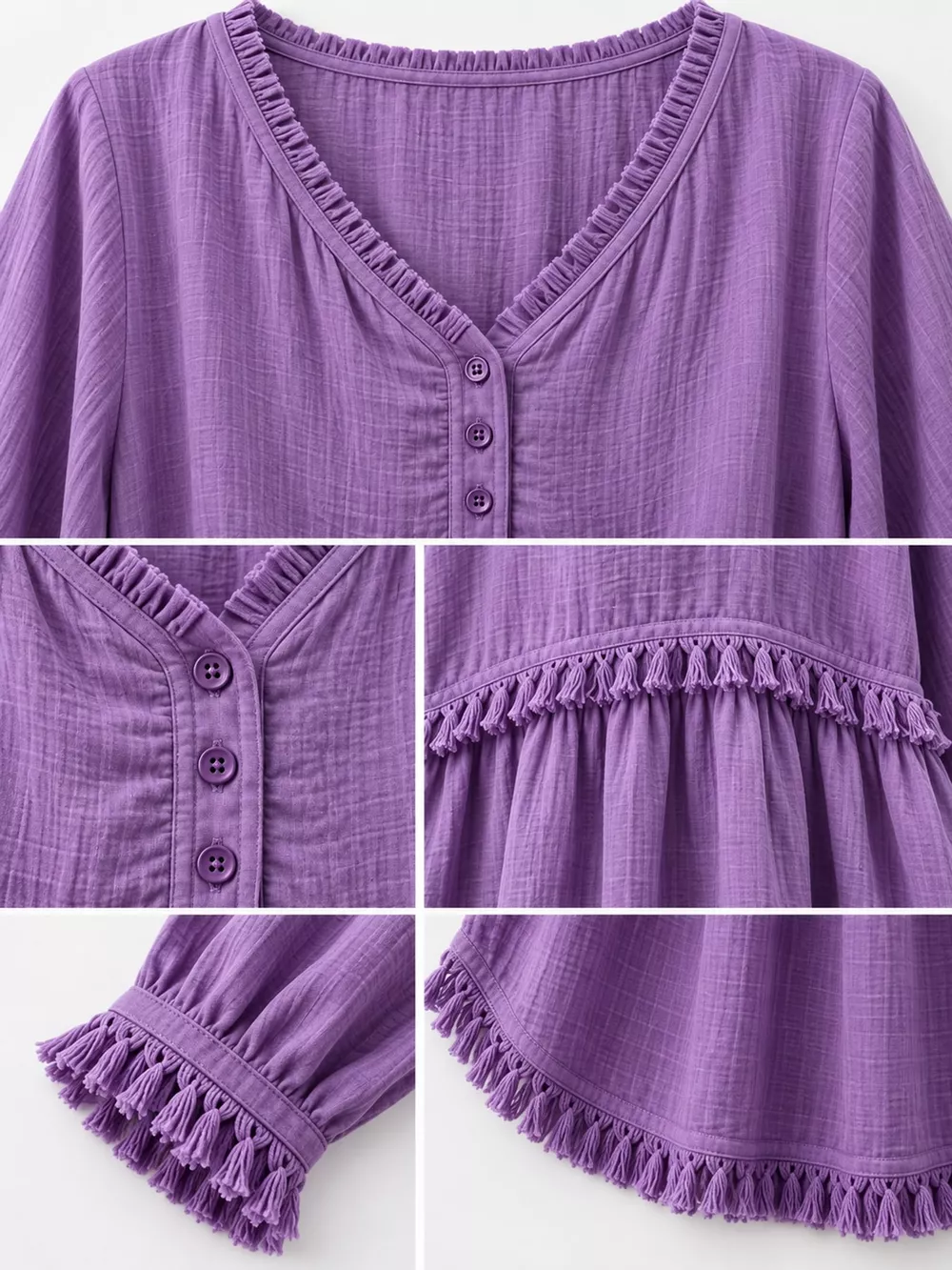 Full Size Fringed Trim V-Neck Long Sleeve Blouse Plus Size, image 38