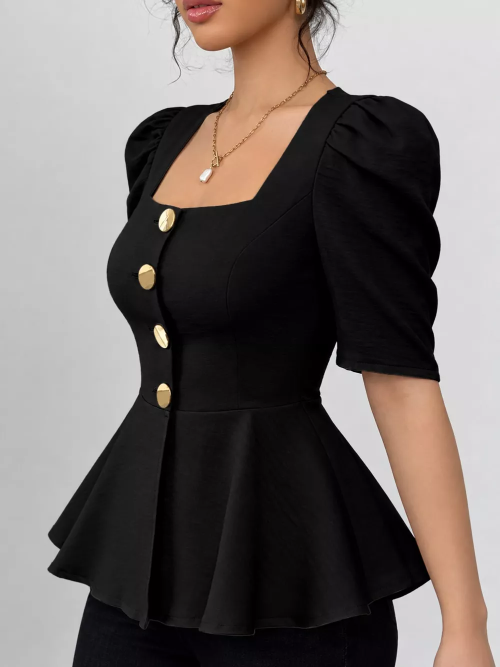 Square Neck Puff Sleeve Peplum Blouse, image 6
