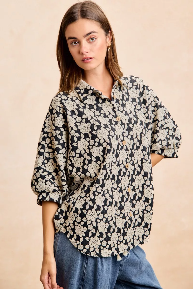 Floral Jacquard Short Dolman Sleeves Shirt, image 5