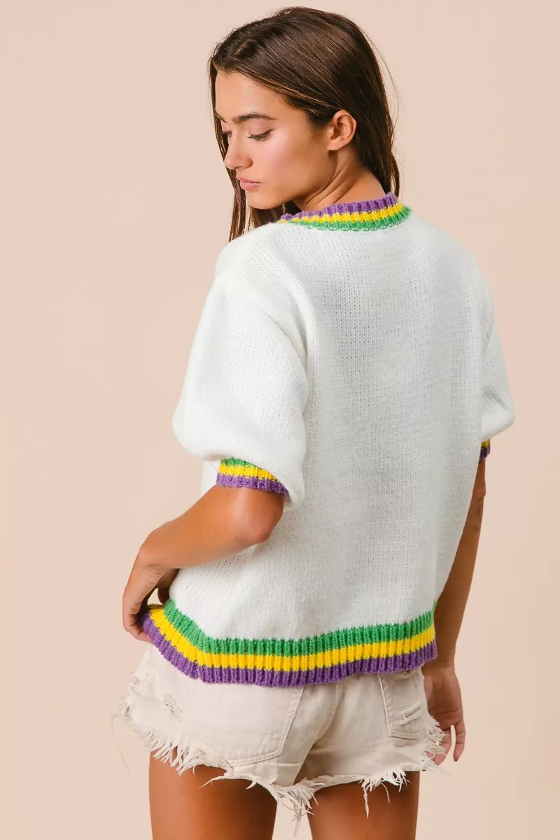 Short Puff Sleeve Ribbon Bow Mardi Gras Sweater, image 18