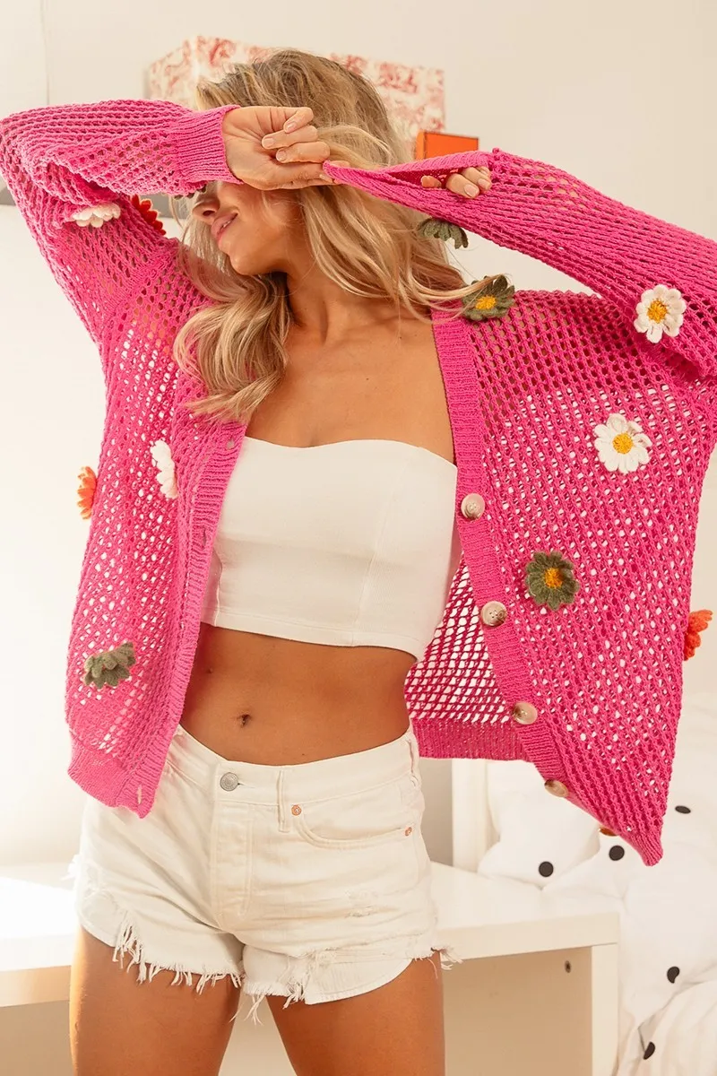 Flower Patches Open Knit Sweater Cardigan, image 7