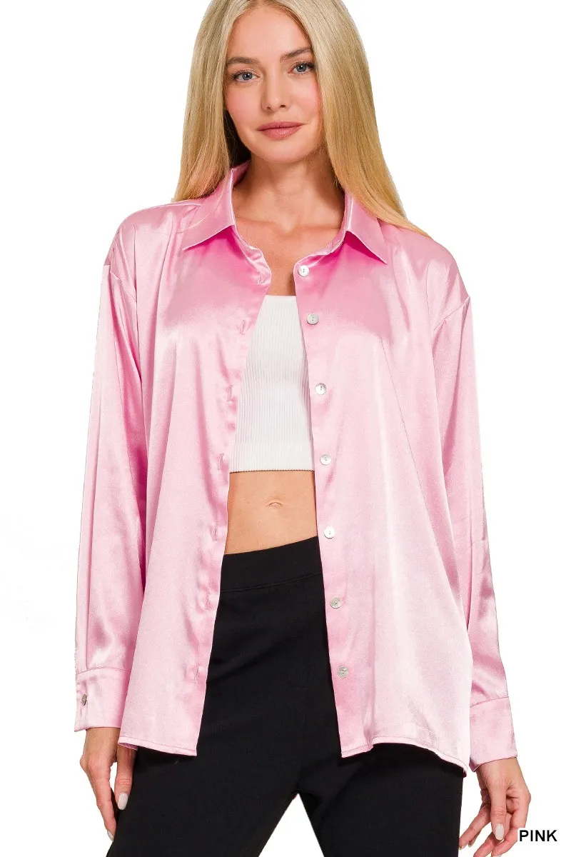 Satin Button Down Long Sleeve Shirt, image 3