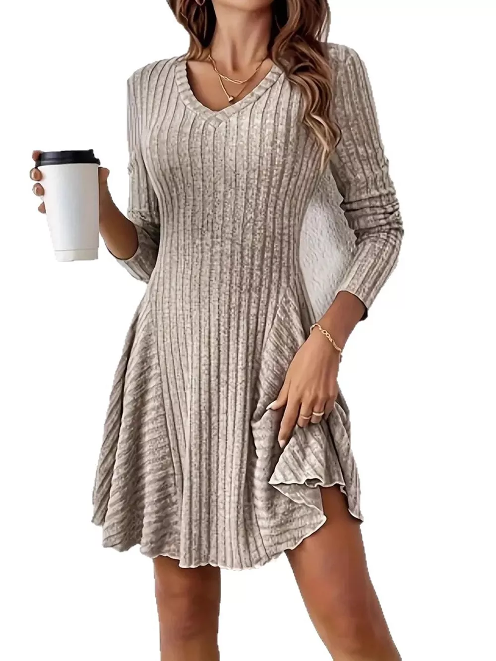 V-Neck Ribbed Knit A-Line Dress, image 10