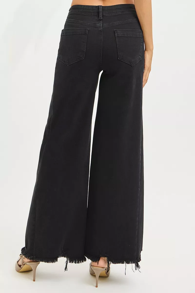 Tummy Control High Rise Palazzo Leg Frayed Hem Jeans, image 2