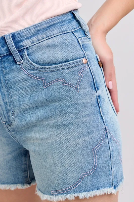 Full Size High Waist Western Embroidery Detail Cut Off Denim Shorts Plus Size, image 14