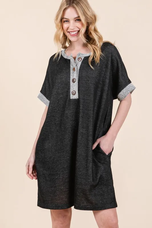 Casual Contrast Trim Henley Dress, image 3