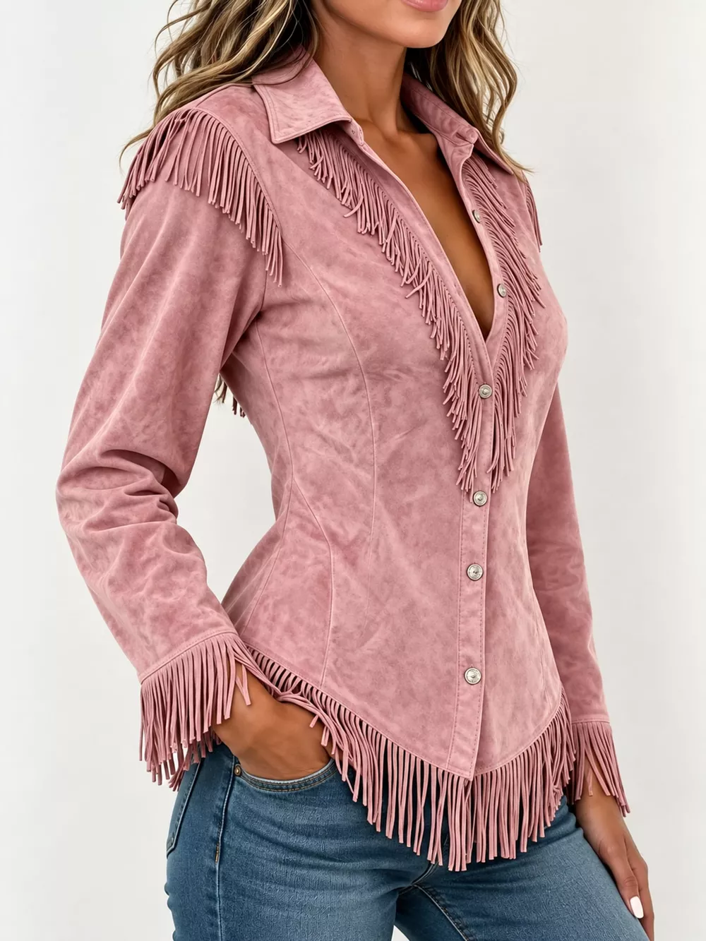Full Size Fringed Button Up Shirt Plus Size, image 2