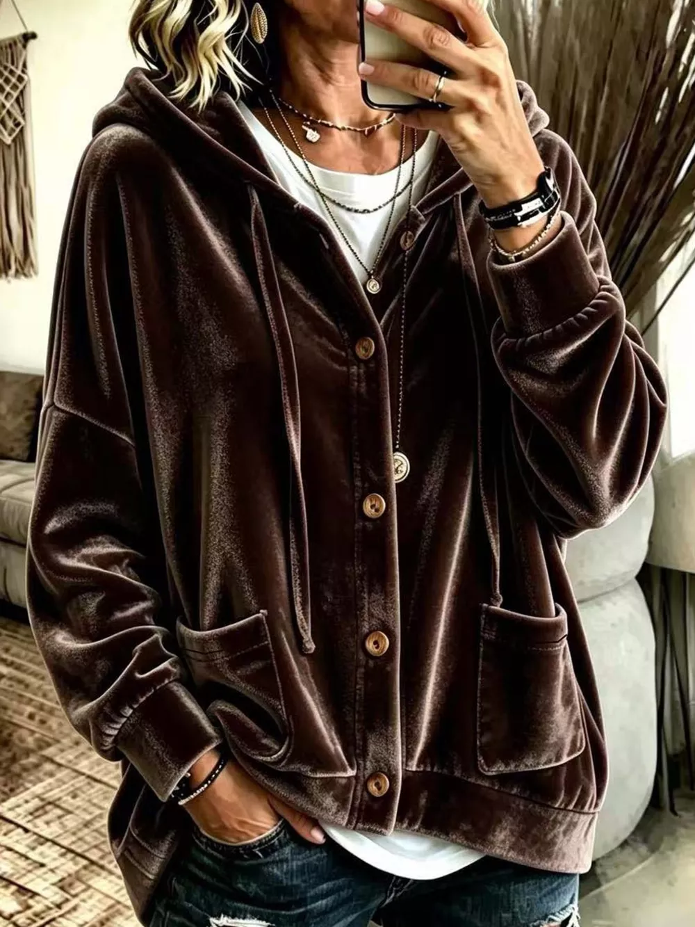 Full Size Velvet Dropped Shoulder Hoodie Plus Size, image 25