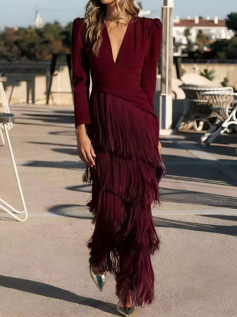 Fringed V-Neck Puff Sleeve Maxi Dress, image 20