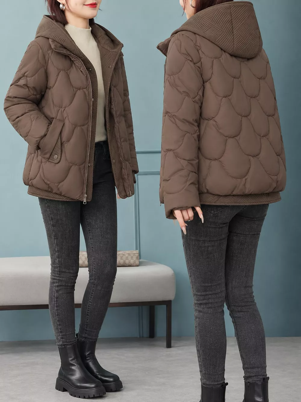 Plus Size Quilted Hooded Puffer Jacket with Snap-Button Closure, image 20